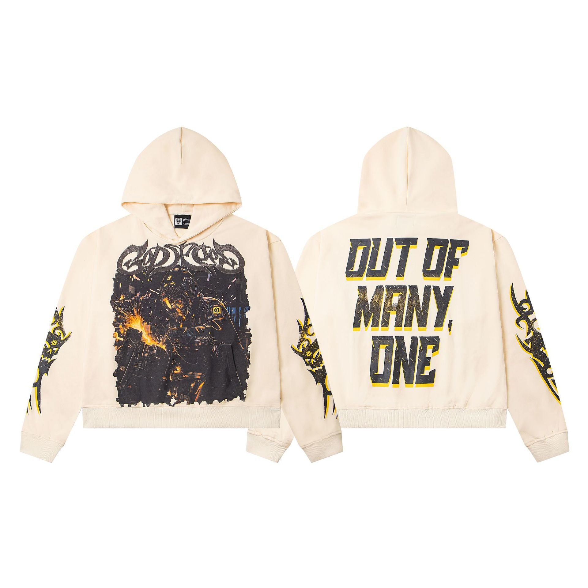 Vintage-Washed Pure Cotton Hip-Hop/Streetwear Hoodie with Print