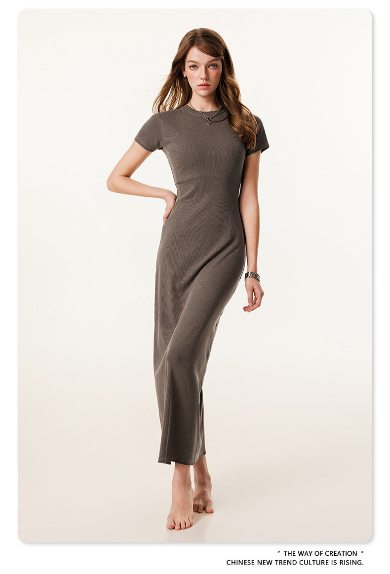 Yaviora Short-Sleeve Long Dress Slim Fit Bodycon Slit Skirt