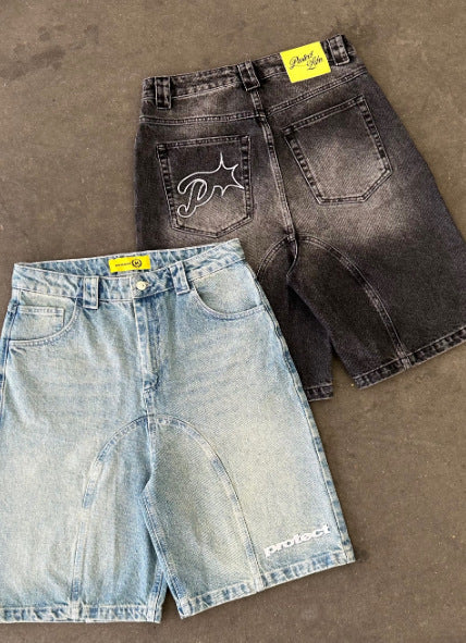 Camouflage Distressed Denim Cargo Shorts