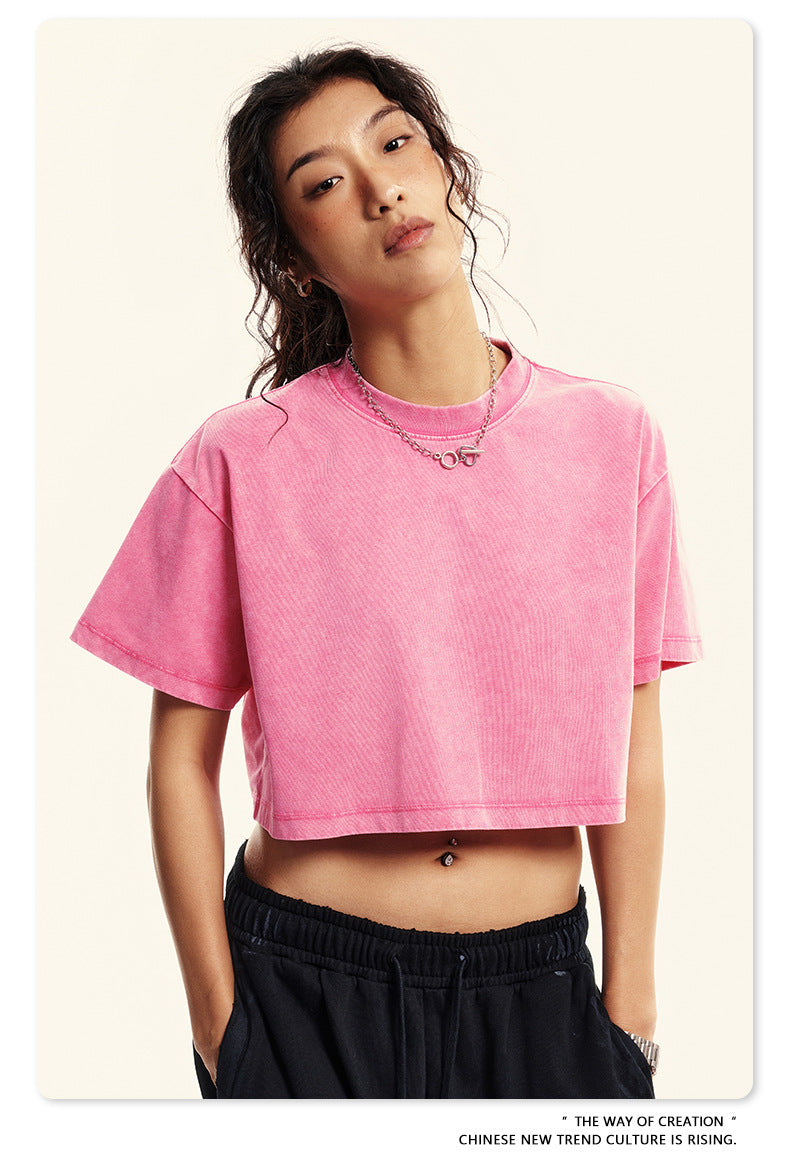 Yaviora Round Neck Crop Top Sexy Loose Short-Sleeve T-Shirt