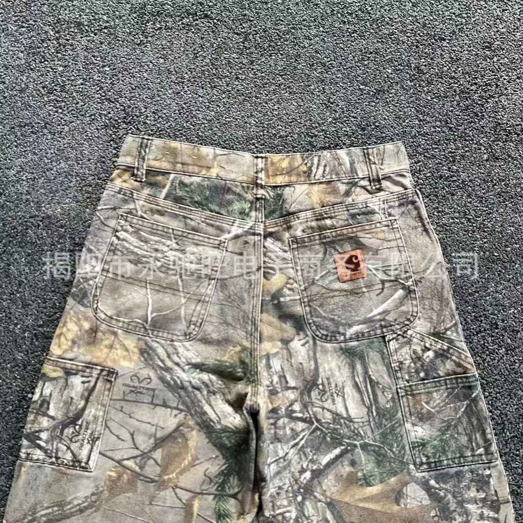 Loose-Fit Distressed Camouflage Jeans with Branch Pattern