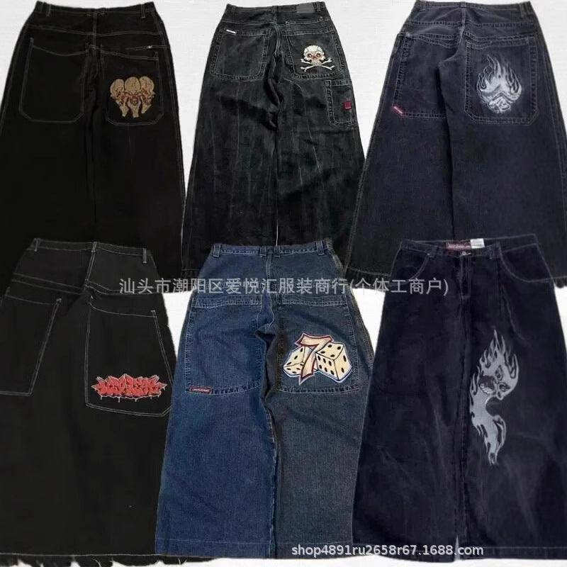 Vintage-Wash Denim Jeans with Y2K Hip-Hop Embroidery