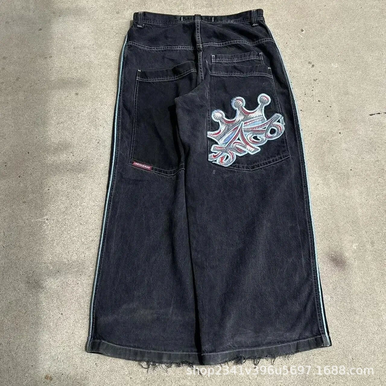 Vintage-Wash Denim Jeans with Y2K Hip-Hop Embroidery
