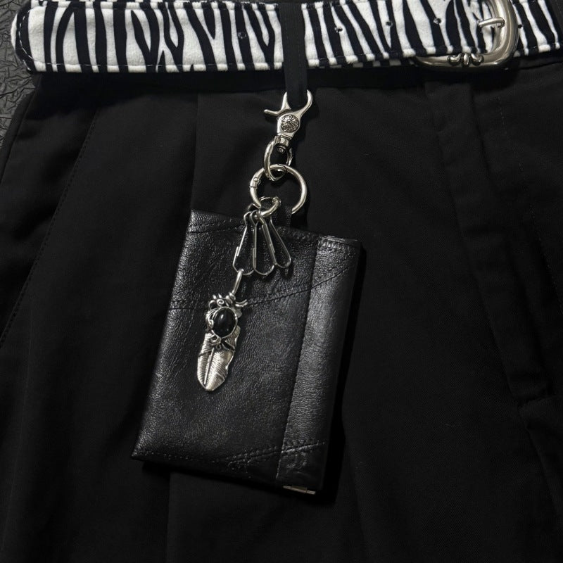 Black Leather Keychain Wallet with Silver Feather Charm