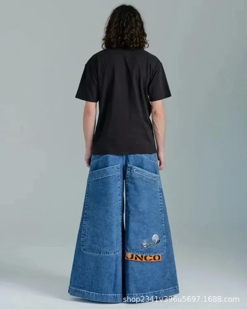 Vintage-Wash Denim Jeans with Y2K Hip-Hop Embroidery