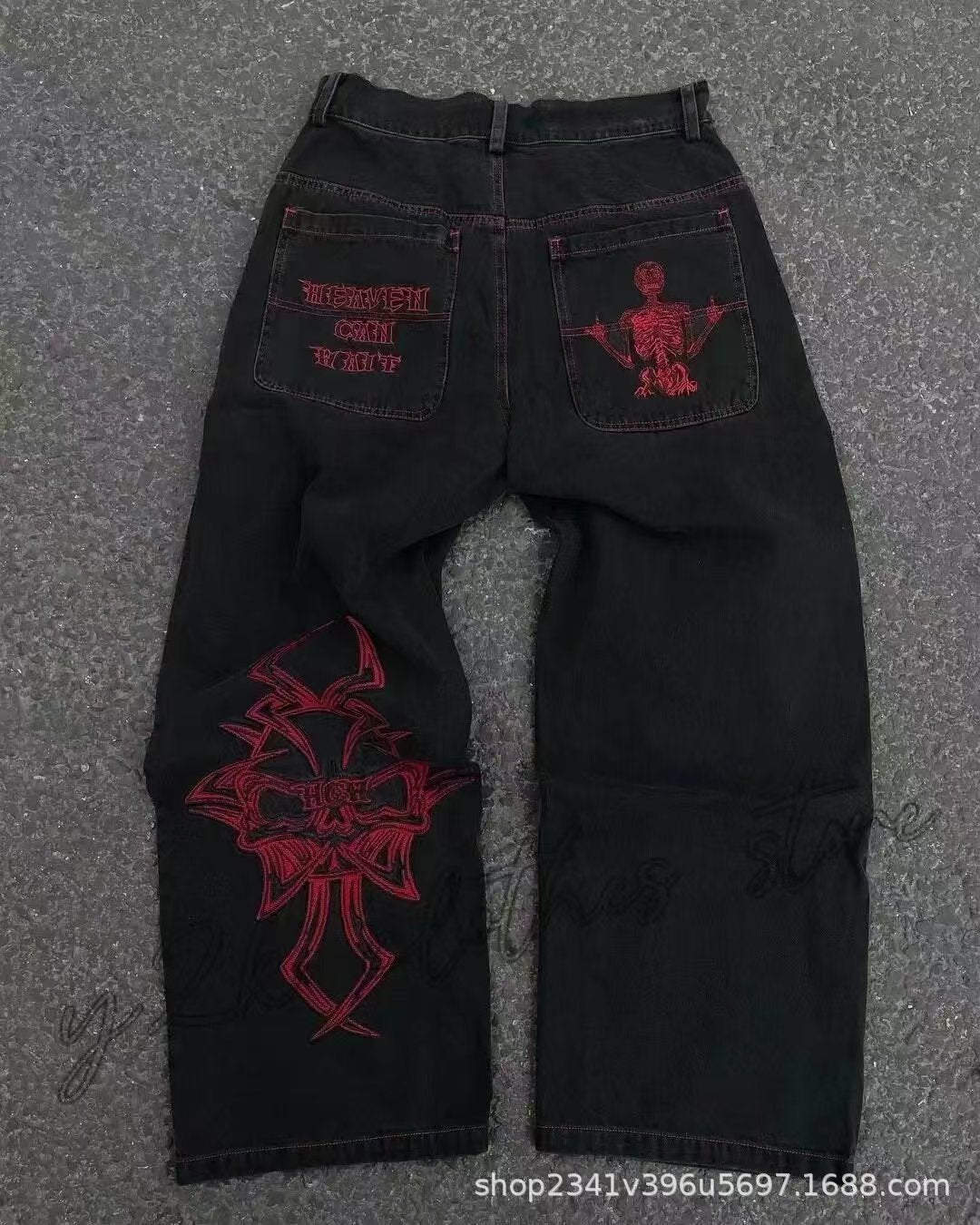 Vintage-Wash Denim Jeans with Y2K Hip-Hop Embroidery