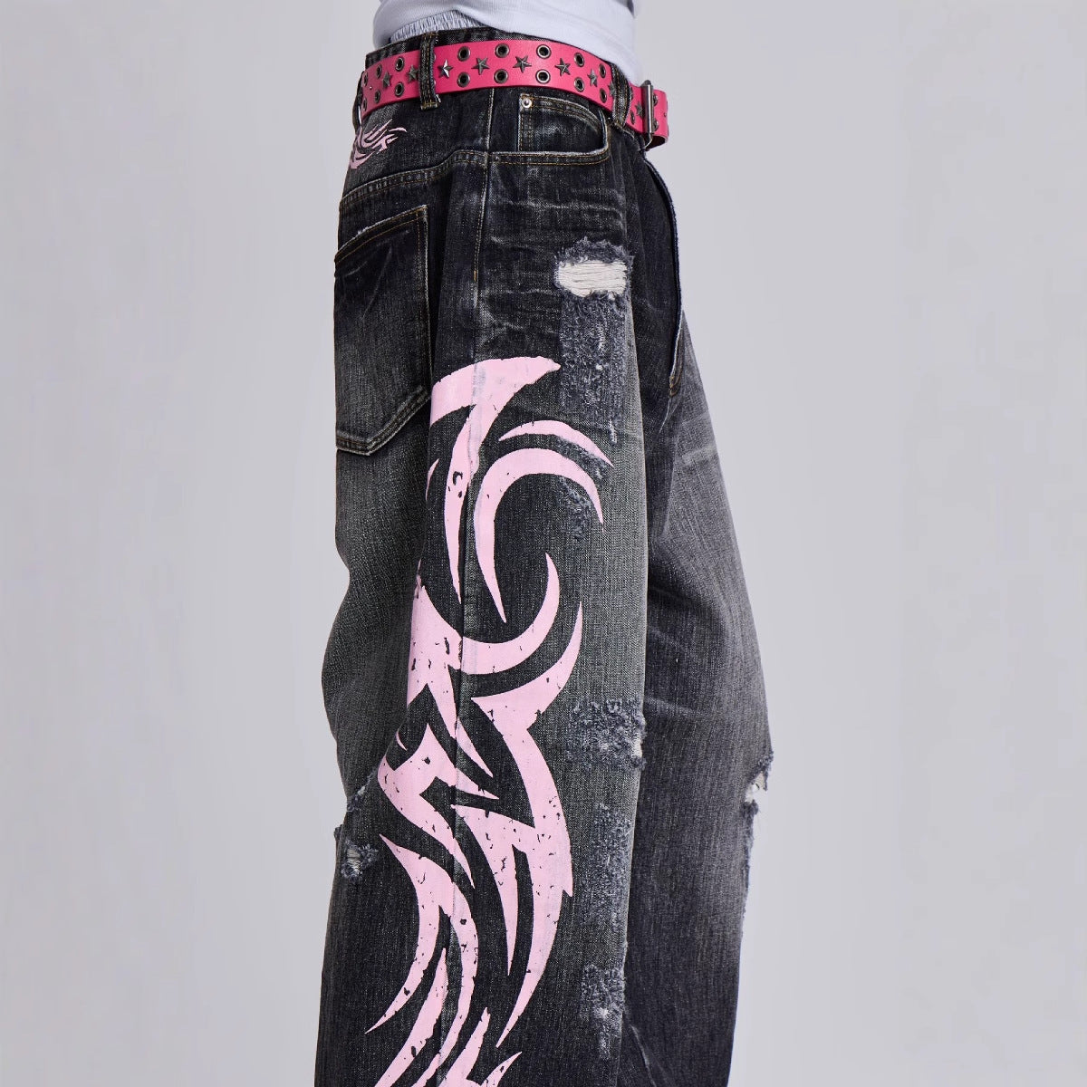 Y2K Hip-Hop Style Washed, Distressed, and Printed Jeans