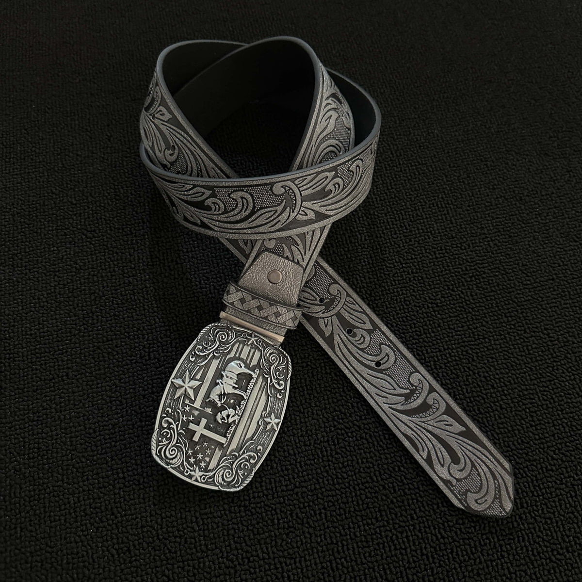 Western Praying Cowboy Cross Buckle Tooled Belt