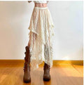 Bohemian-style high-waisted lace maxi skirt with a wavy hem.