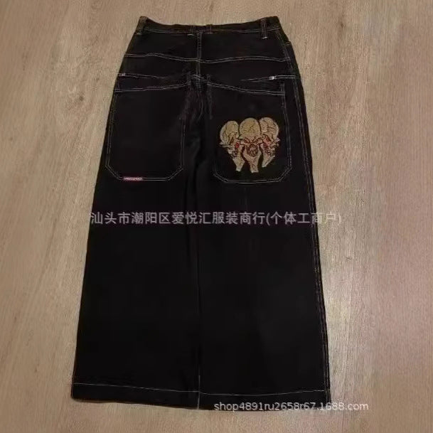 Vintage-Wash Denim Jeans with Y2K Hip-Hop Embroidery