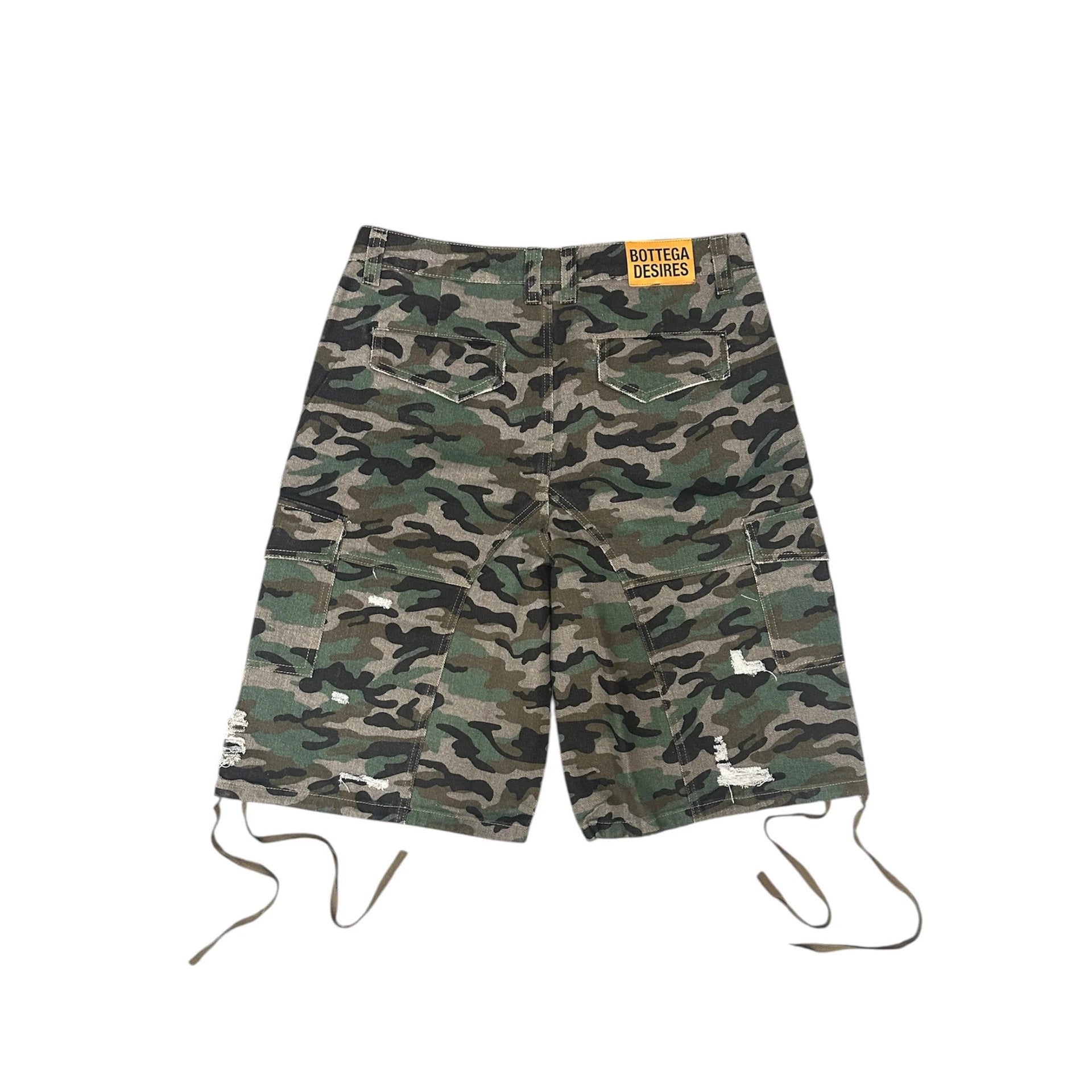 Camouflage Distressed Denim Cargo Shorts