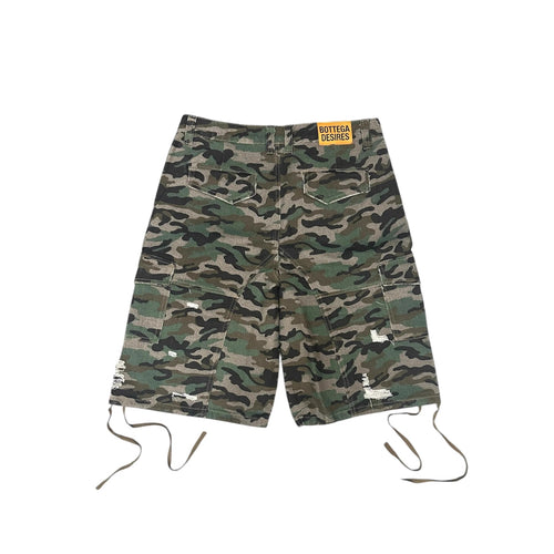 Camouflage Distressed Denim Cargo Shorts
