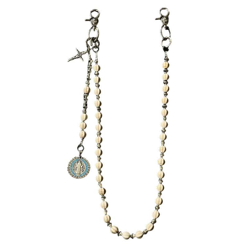 Saint Benedict Rosary Wallet Chain Pearl Bead Silver