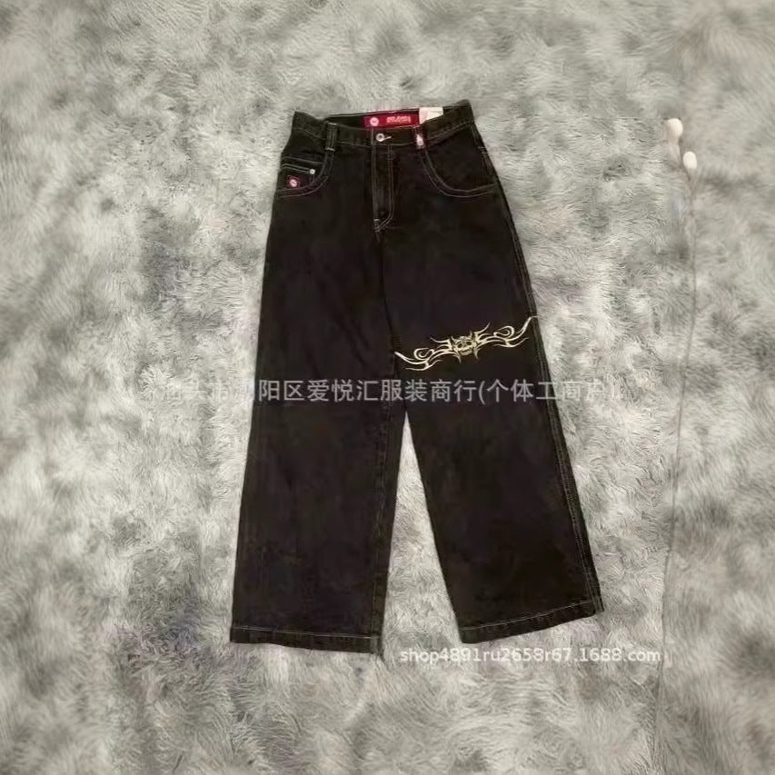 Vintage-Wash Denim Jeans with Y2K Hip-Hop Embroidery