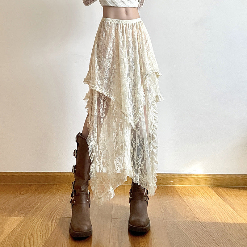 Bohemian-style high-waisted lace maxi skirt with a wavy hem.