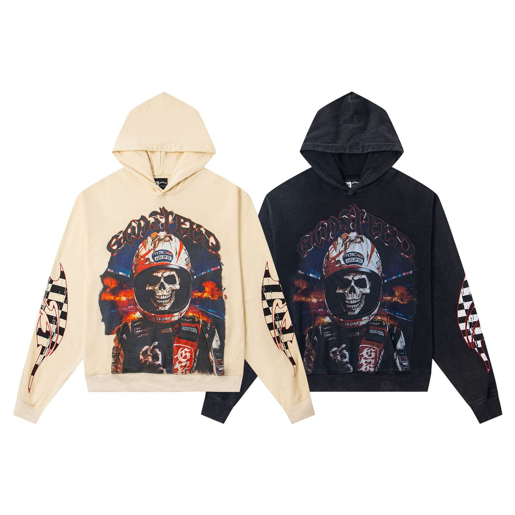Vintage-Washed Pure Cotton Hip-Hop/Streetwear Hoodie with Print