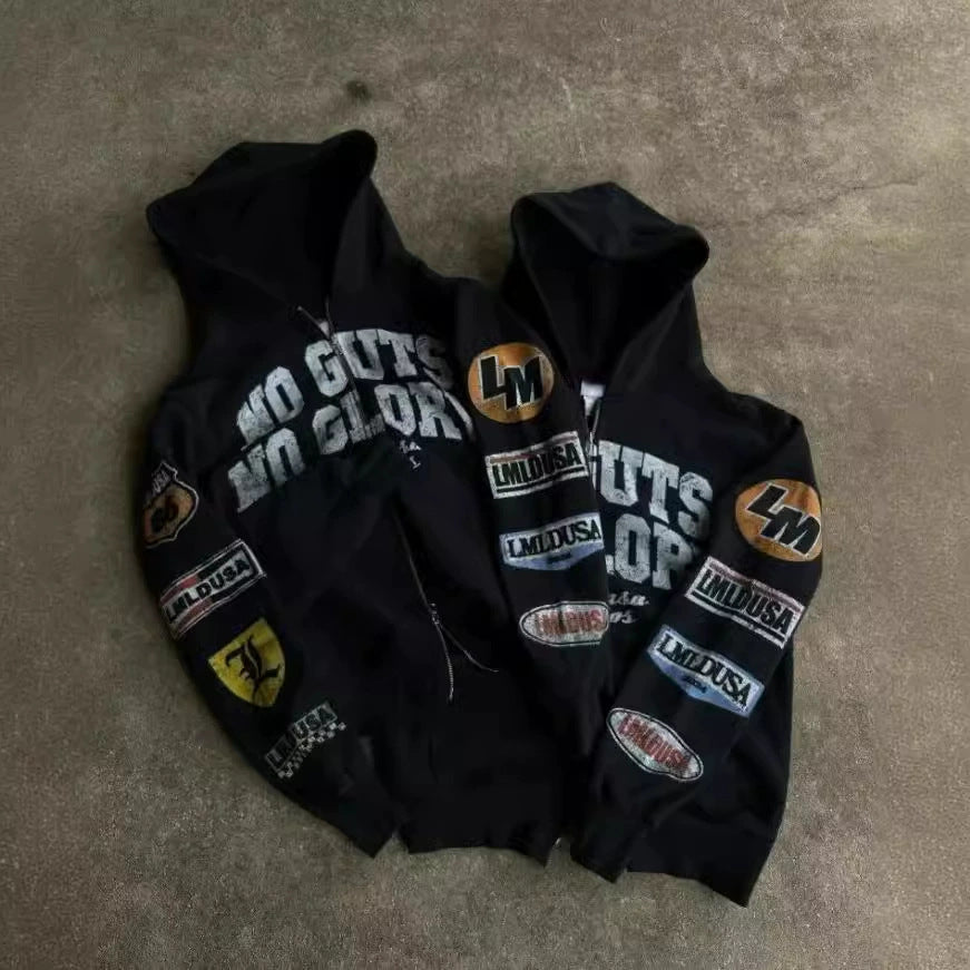 Y2K hip-hop Gothic print motorcycle-style zip-up hoodie.