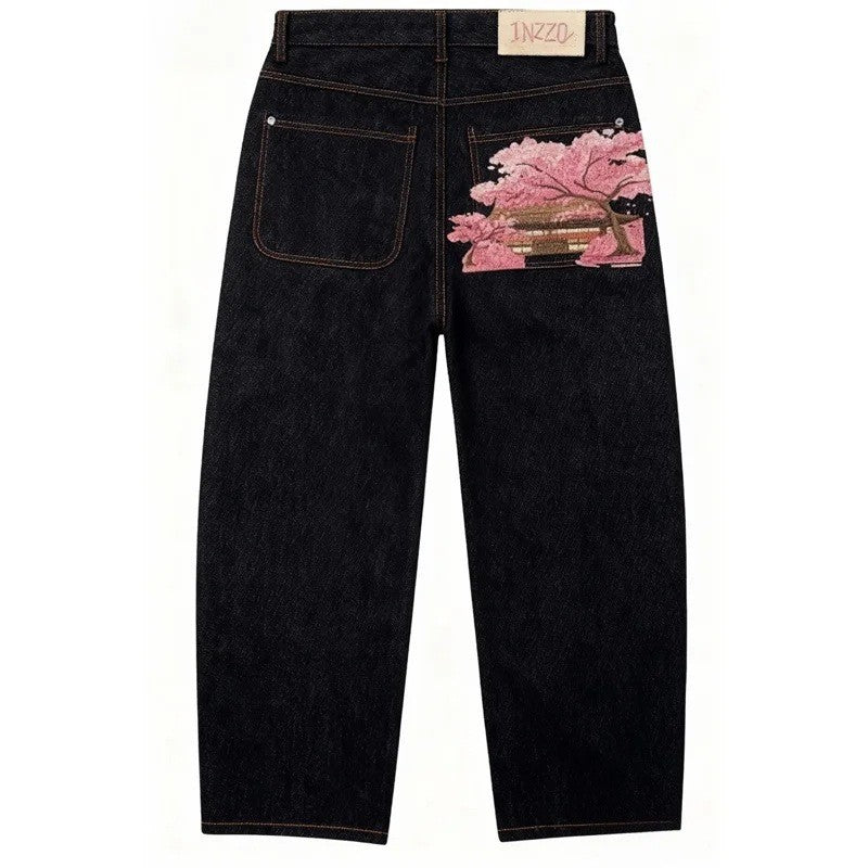 Retro Straight-leg Jeans with Plum Blossom Embroidery