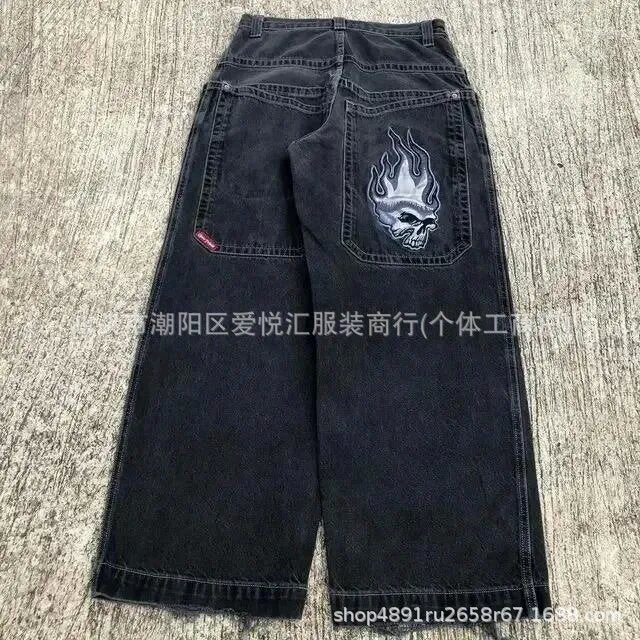 Vintage-Wash Denim Jeans with Y2K Hip-Hop Embroidery