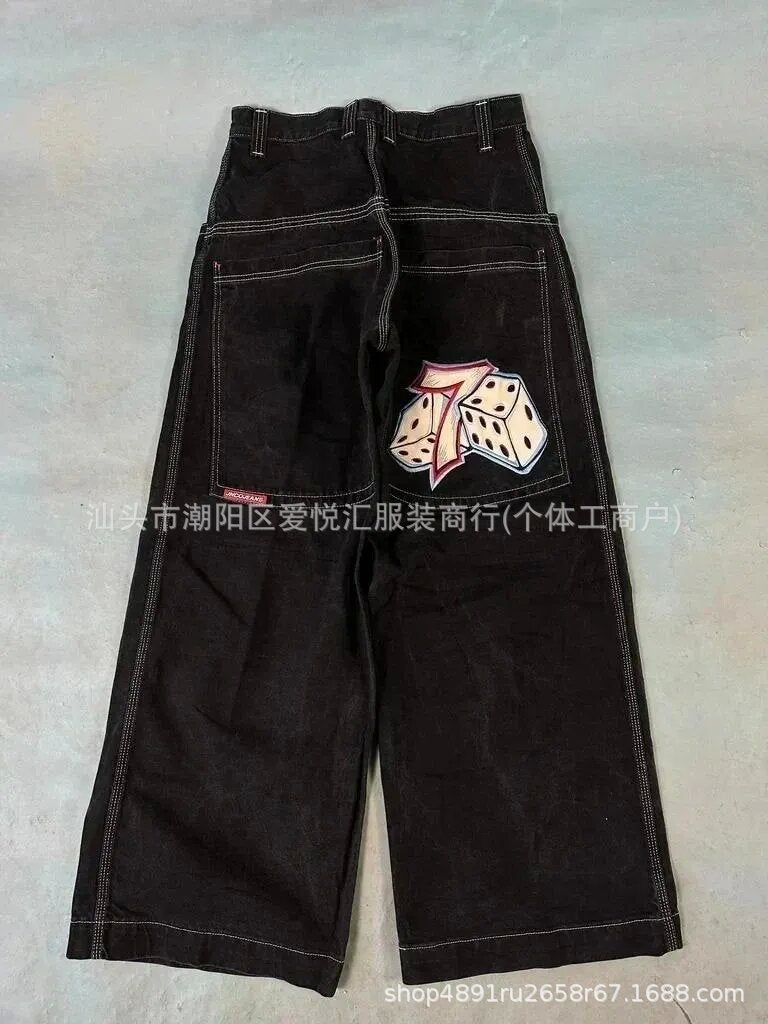 Vintage-Wash Denim Jeans with Y2K Hip-Hop Embroidery