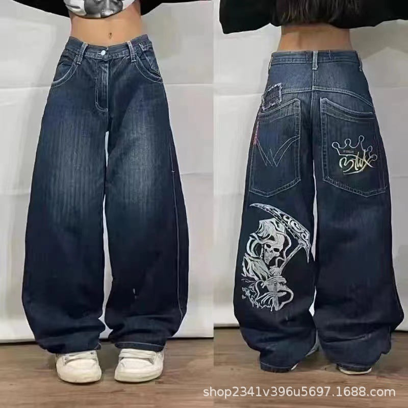 Vintage-Wash Denim Jeans with Y2K Hip-Hop Embroidery