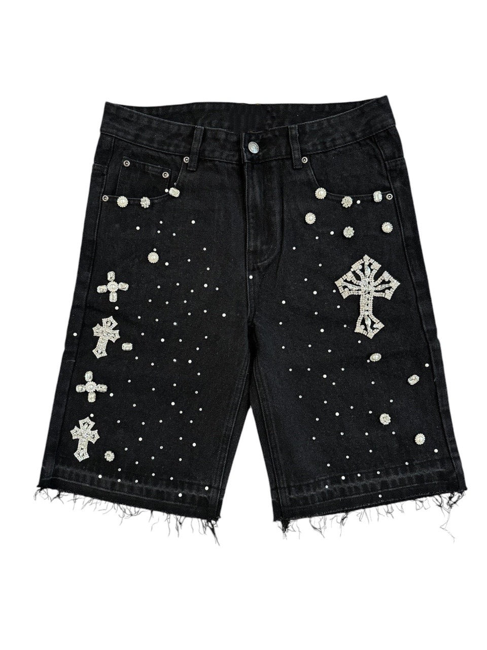 Full rhinestone hip-hop cross hot-fix denim shorts