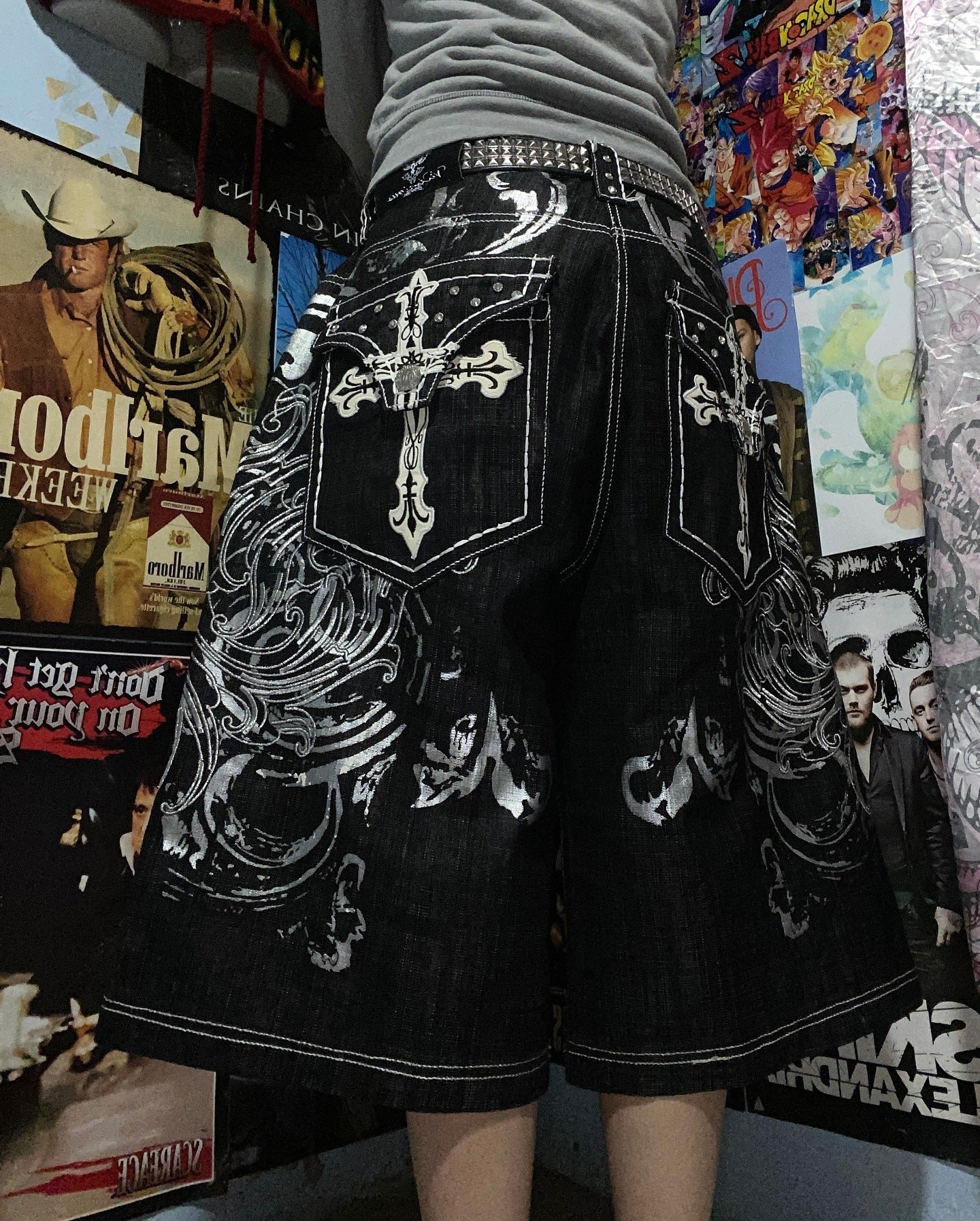 Camouflage Distressed Denim Cargo Shorts