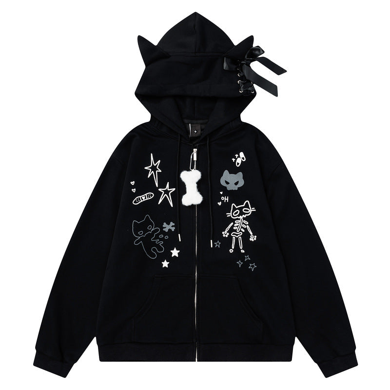 YAVIORA Cat Print Zip Hoodie