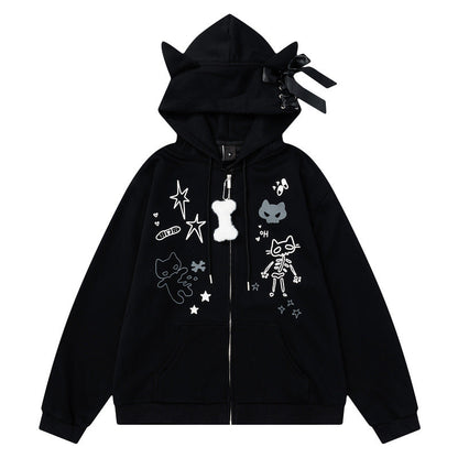 YAVIORA Cat Print Zip Hoodie