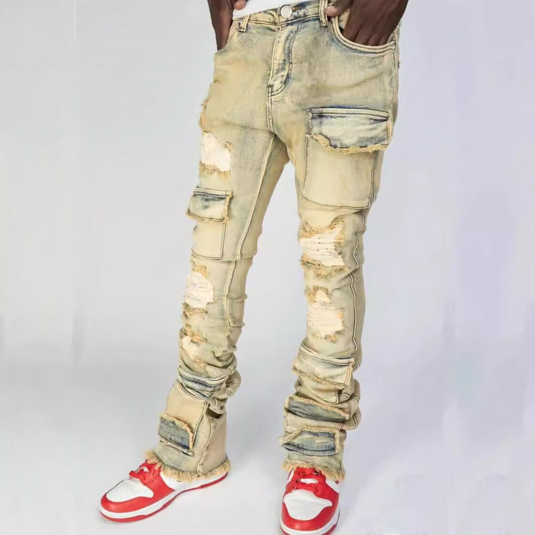 Stretch Ripped Denim Layered Flare Cargo Jeans