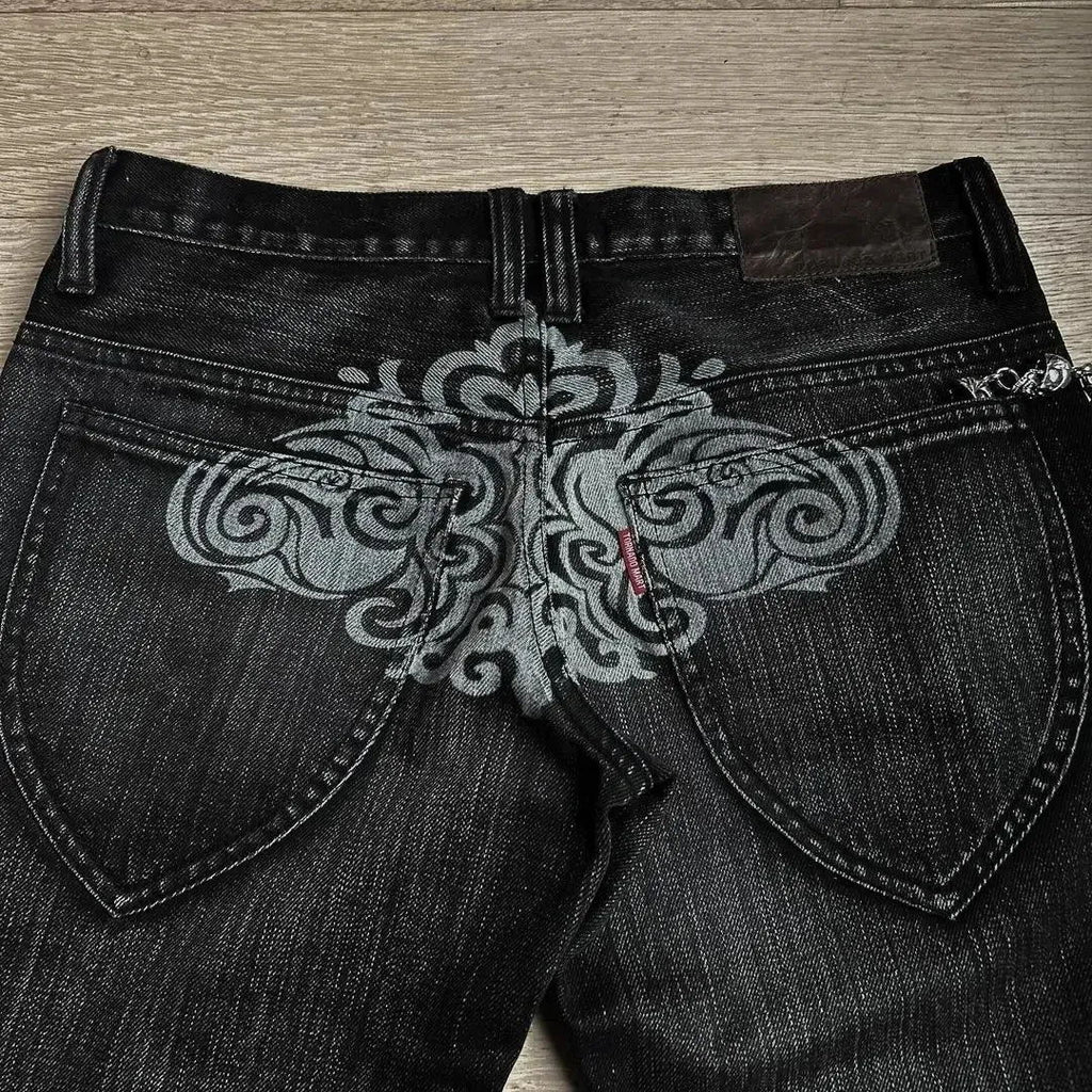 Y2K punk flared jeans, heavy embroidered jeans