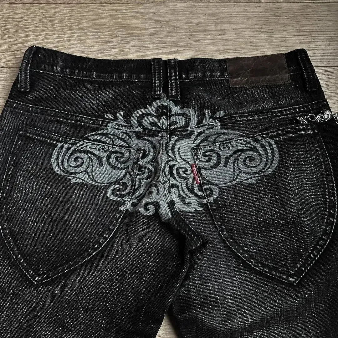 Y2K punk flared jeans, heavy embroidered jeans
