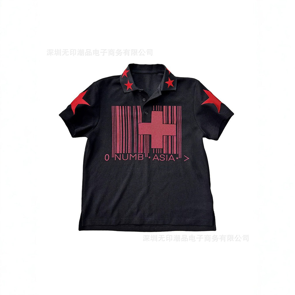 Dark-Style Polo Shirt with Cross and Star Print