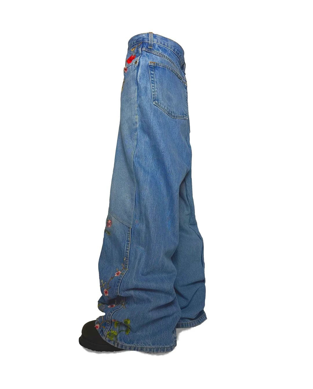 Y2K loose-fit wide-leg patchwork trousers with floral embroidery