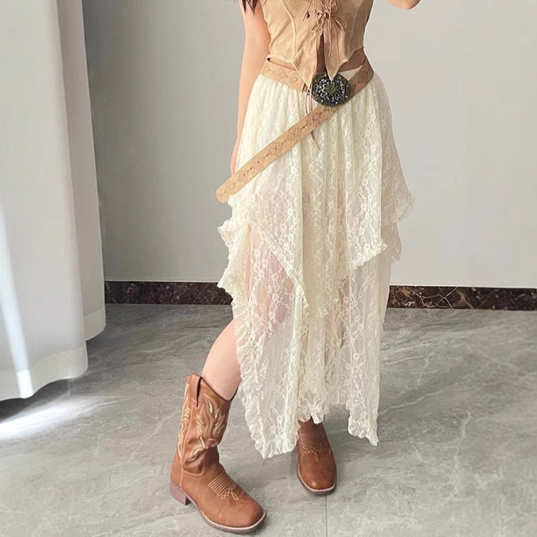 Bohemian-style high-waisted lace maxi skirt with a wavy hem.
