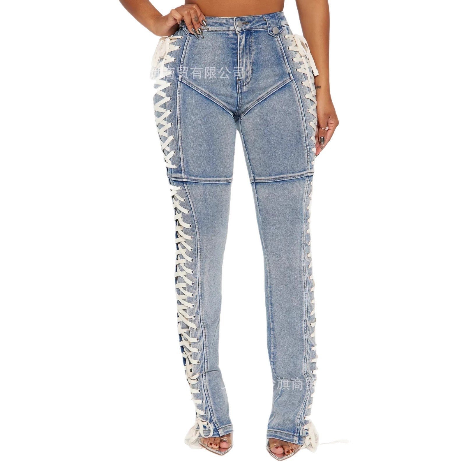 Y2K-style high-waisted, slim-fit lace-up bootcut jeans