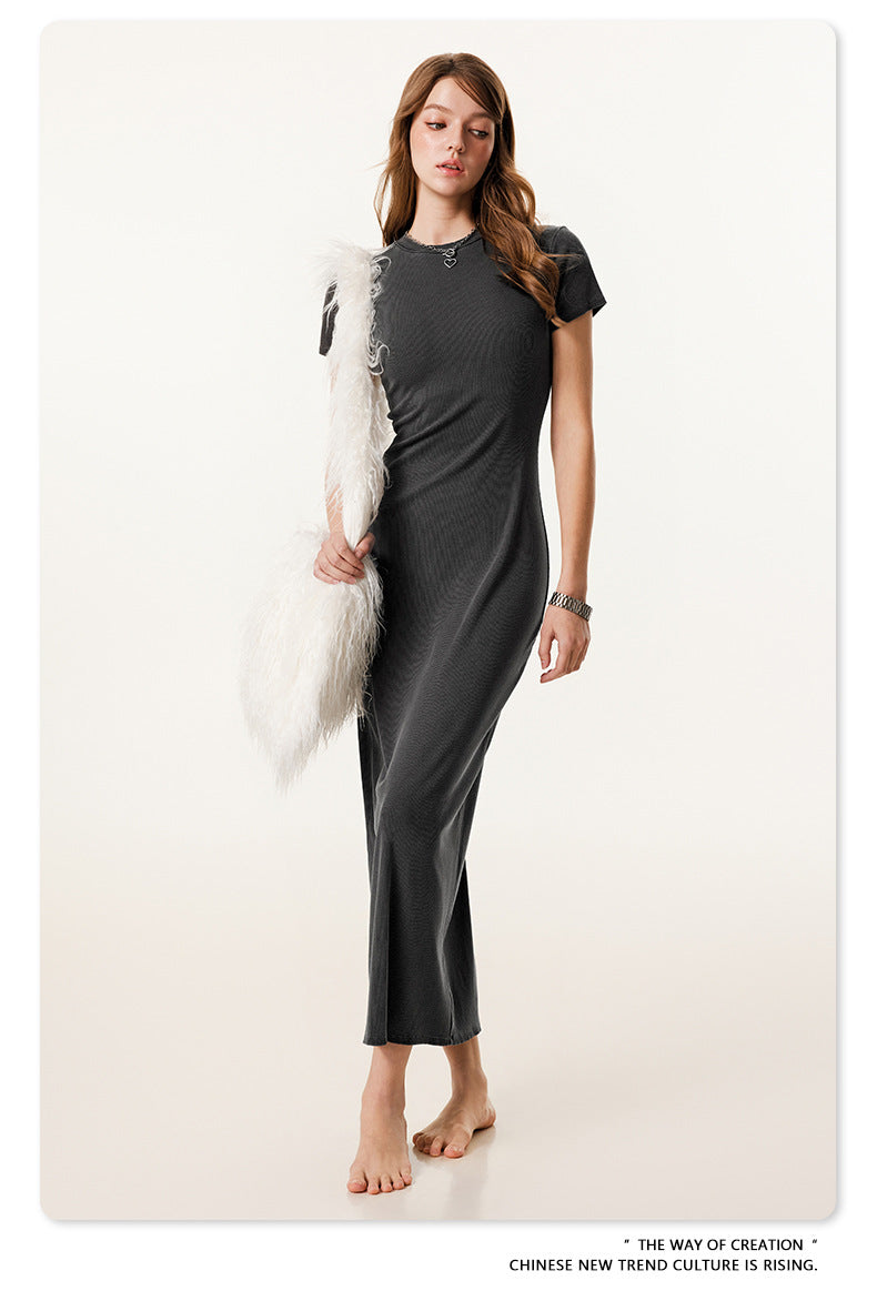 Yaviora Short-Sleeve Long Dress Slim Fit Bodycon Slit Skirt
