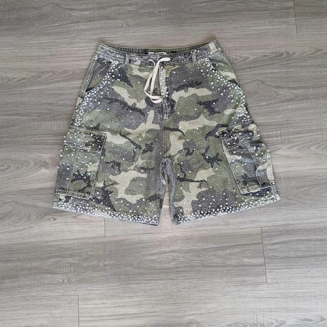 Full rhinestone hip-hop cross hot-fix denim shorts