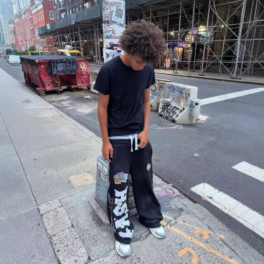 American-style appliqué embroidered sweatpants/sports pants