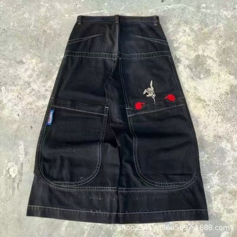 Vintage-Wash Denim Jeans with Y2K Hip-Hop Embroidery