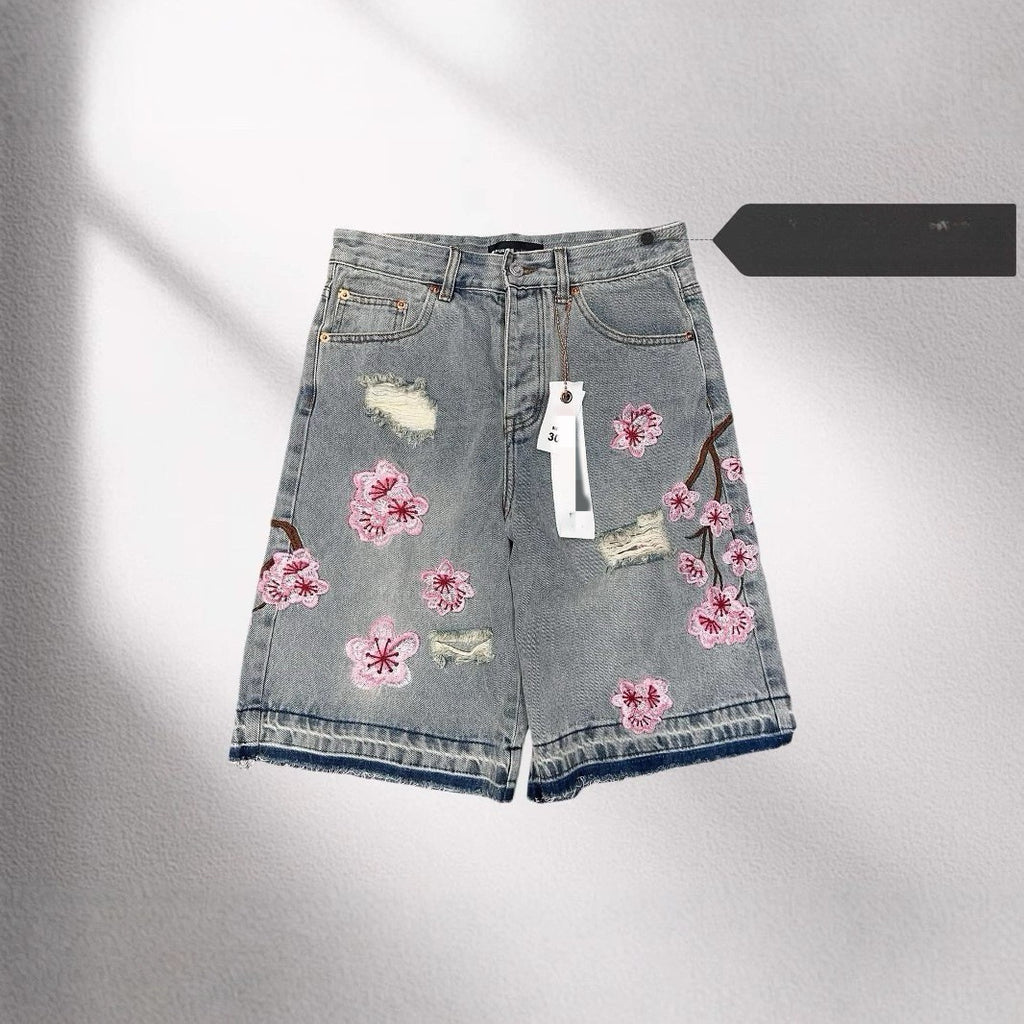 Camouflage Distressed Denim Cargo Shorts
