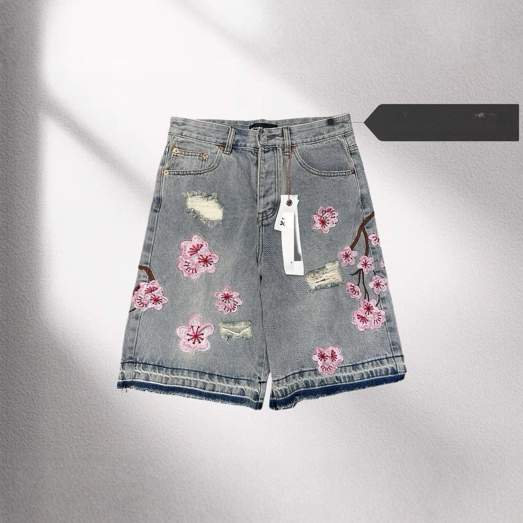 Camouflage Distressed Denim Cargo Shorts