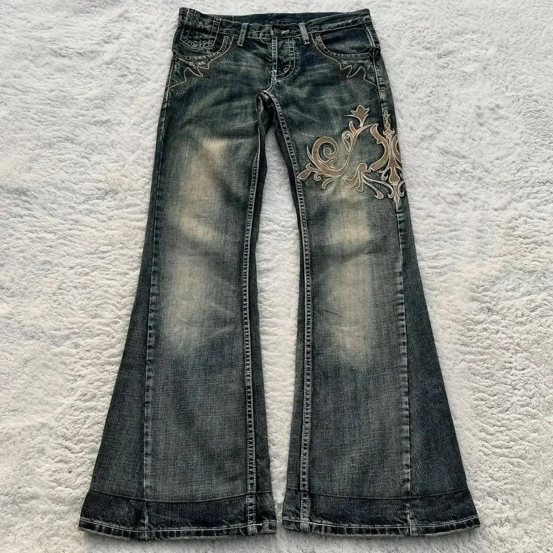 Y2K Dark-Style Patchwork Embroidered Flare Jeans