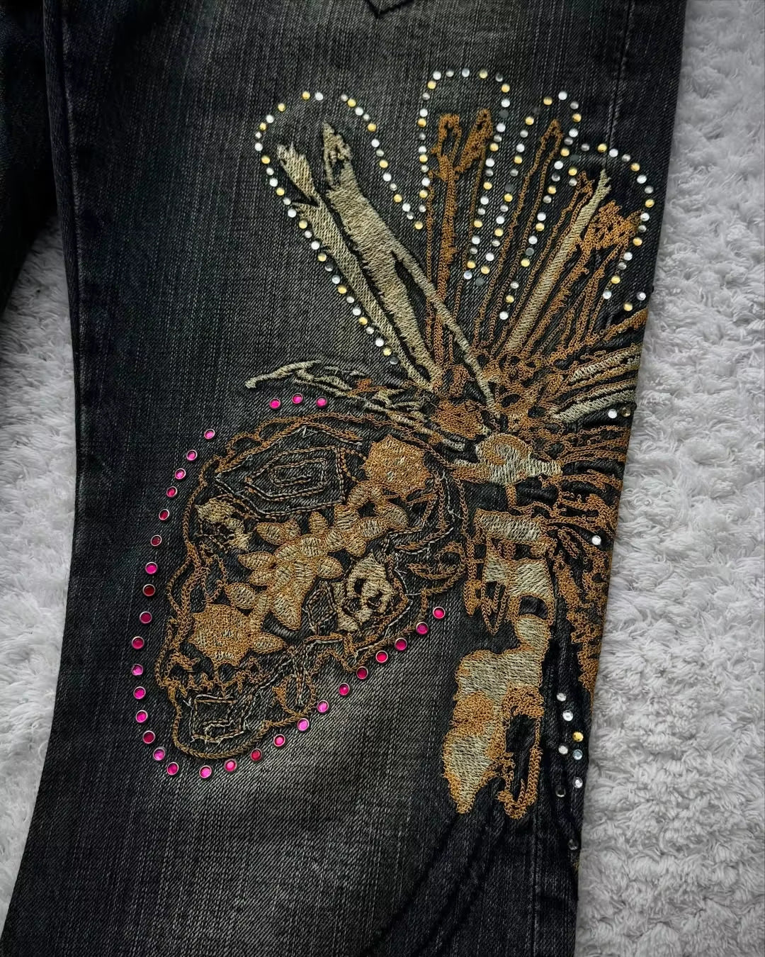 Y2K Dark-Style Patchwork Embroidered Flare Jeans