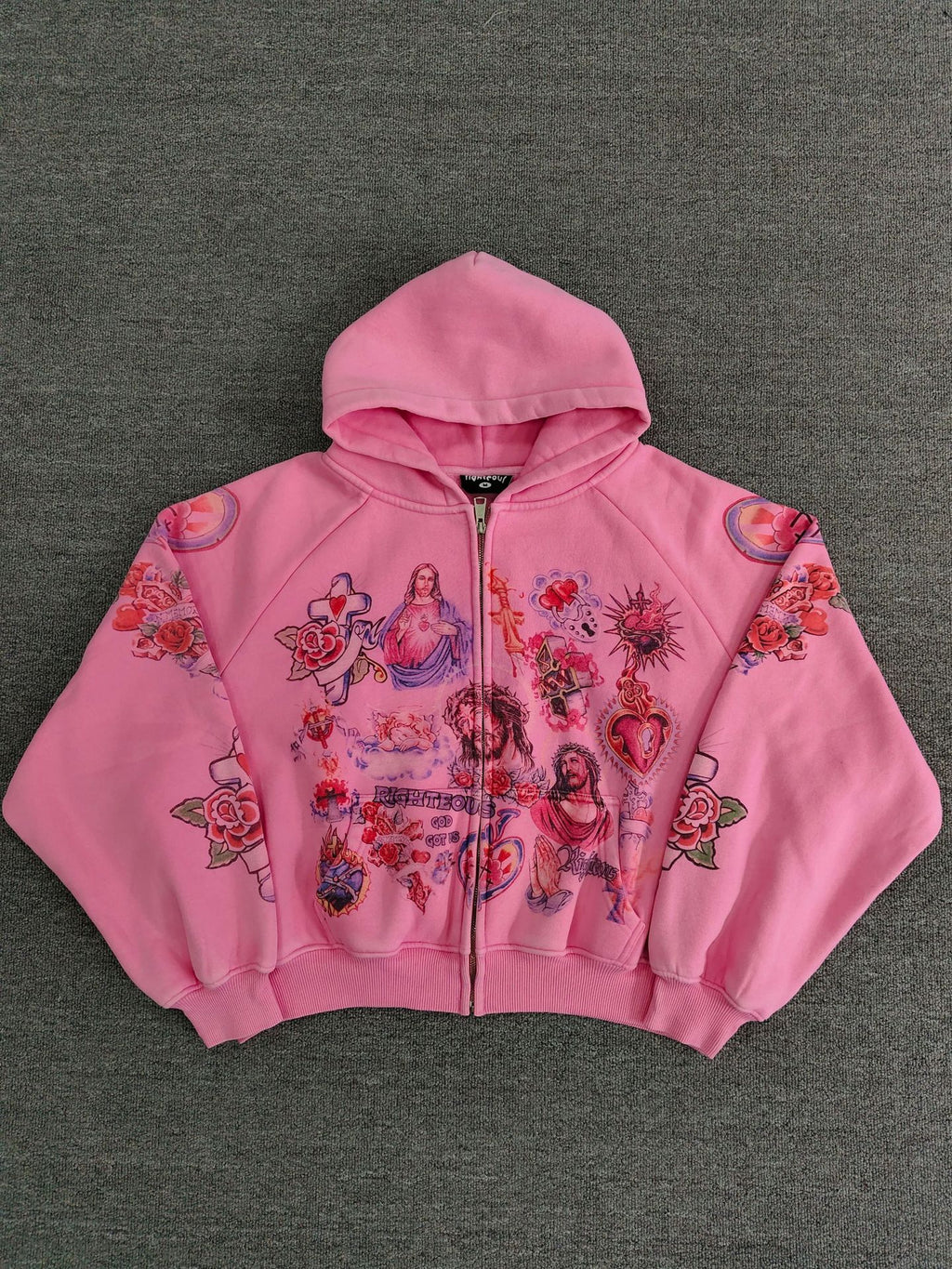 Jesus Sacred Heart Rose Print Cropped Zip‑Up Hoodie Y2K Vintage Streetwear