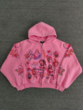 Jesus Sacred Heart Rose Print Cropped Zip‑Up Hoodie Y2K Vintage Streetwear