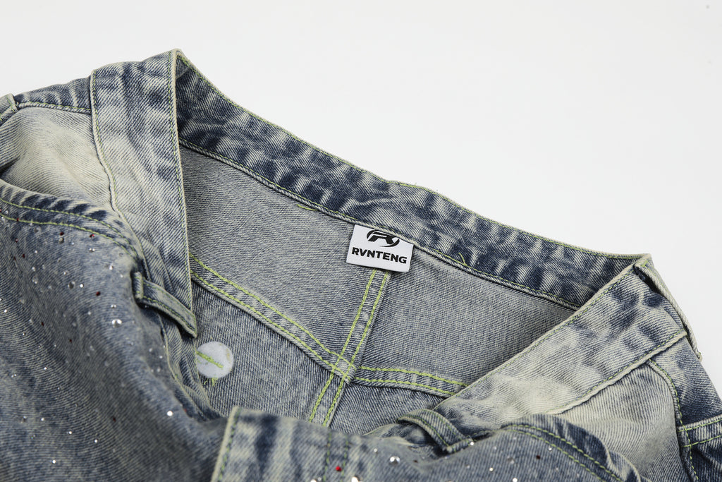 YAVIORA Rhinestone Wash Denim Shorts