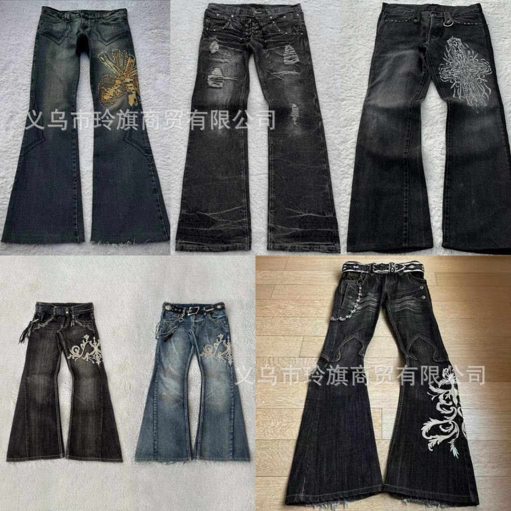 Y2K Dark-Style Patchwork Embroidered Flare Jeans