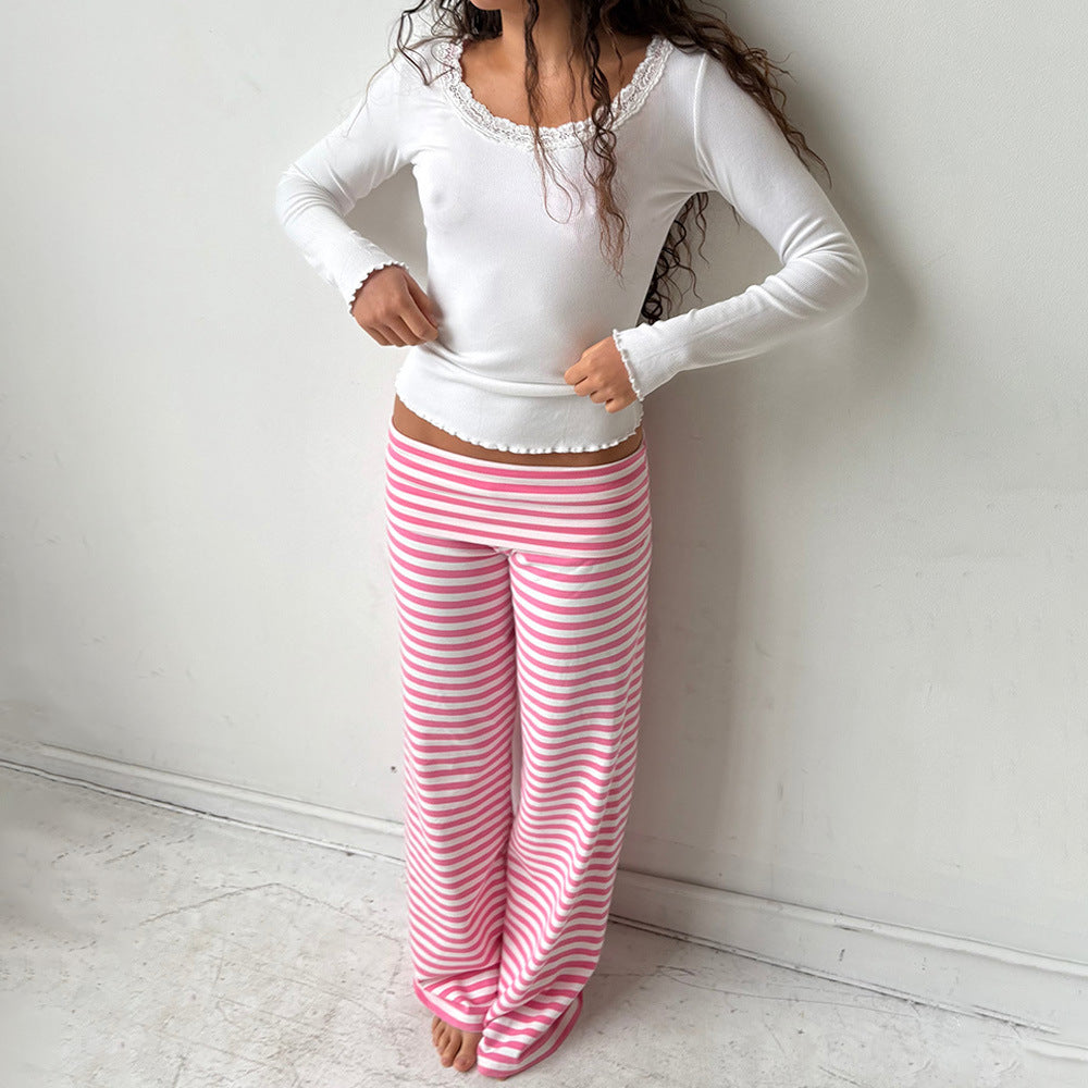 Women's Y2K Striped Fold-Over Waist Butt-Lifting Trousers