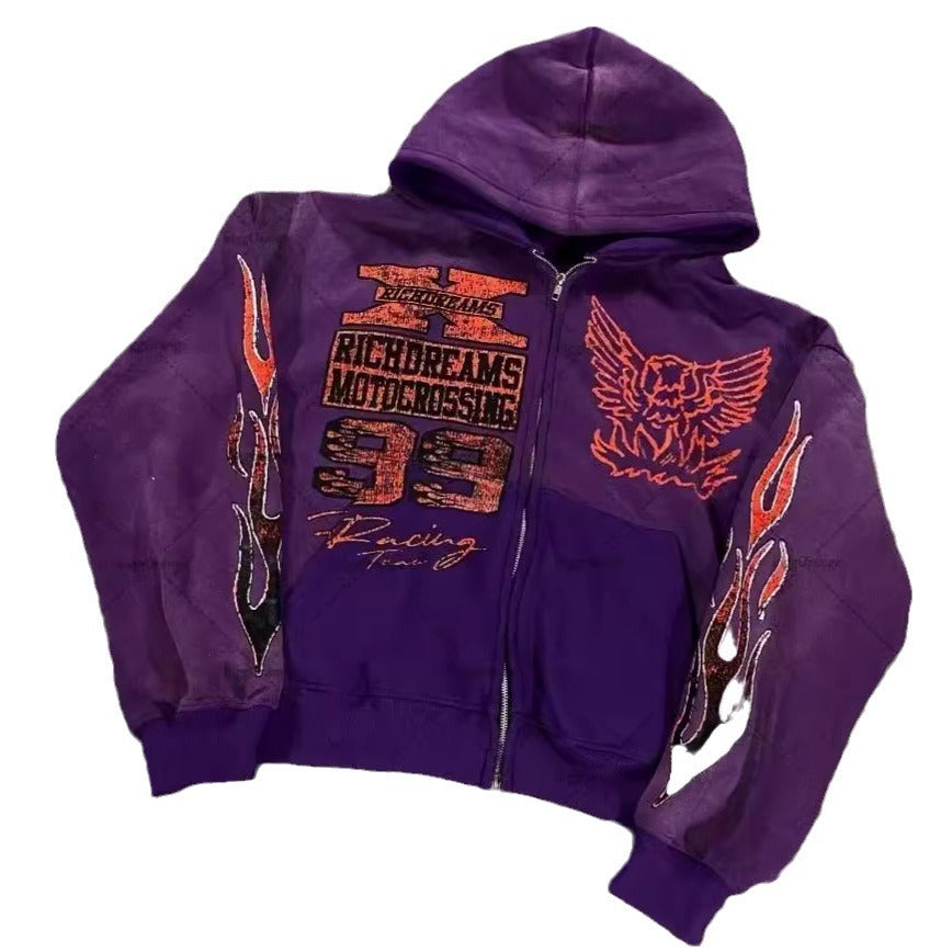 Y2K Hip-Hop Star-Print Racing-Style Zip-Up Hoodie